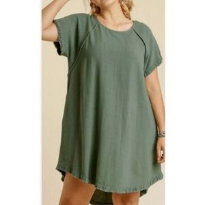 Umgee Womens Olive Green Cotton Linen Frayed Hem Shift Dress with Pockets S